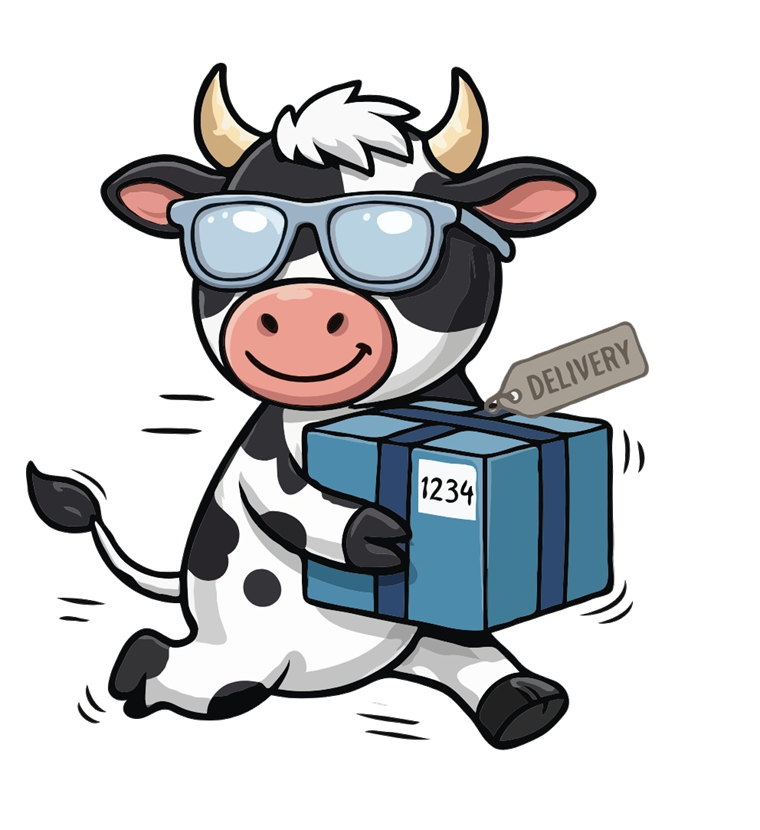 Mooorice, the Mooovuka cow, running with a parcel
